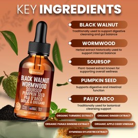 Wormwood Black Walnut Clove Cleanse Liquid Drops with SourSop, Pumpkin Seed, Pau D’Arco, Garlic & Oil of Oregano, Hull Extract Herb Tincture Drops For Humans 98% Absorption Gut Digestive Health (2oz)