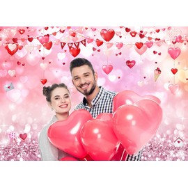 LYWYGG 7x5ft Happy Valentine's Photography Backdrops Love Heart Party Banner Pink Glitter Backdground cp-466