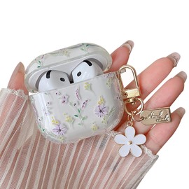 MINSCOSE Compatible with AirPods 4 Clear Case, Cute Aesthetic Floral Pattern Design with Floral Key Fob, Soft TPU Protection, Shockproof Cover for AirPods 4 for Women Girls Purple