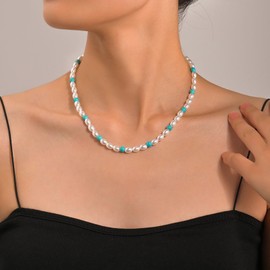 Inilbran Boho Pearl Necklace Choker Necklace Vintage Pearl Turquoise Necklace White Pearl Pearl Necklace Freshwater Pearls Necklace Chain Jewellery for Women and Girls, Zinc