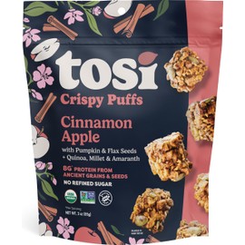 Tosi Crispy Puffs (3oz, 4 Pack), Vegan Crunchy Snacks, 8g Plant Based Protein, Nut-Free, Allergen Friendly, Healthy Snacks for Adults & Kids, Gluten Free Treats, Ancient Grains (Cinnamon Apple)
