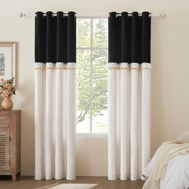 GIGIZAZA Boho Curtains for Living Room 96 Inches Long Black Ivory 2 Panels Set Farmhouse Window Treatments Blackout Curtain Drapes Lace Pom Pom Embroidered Velvet Curtains