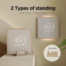 mooas Wooden Frame LED Silent Wall Clock with Remote, Backlit Nightlight, Modern Digital LED Wall Clock Display Sunrise Alarm Melody 5 Brightness for Bedroom Living Room (Wooden Frame Light Brown)