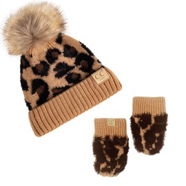 Funky Junque Infant Pom Beanie and Mittens Set - Leopard Latte w/Leopard Mittens