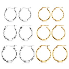 6 Pairs Gold Silver Hoop Earrings for Women Men, Small Endless Stainless Steel Hypoallergenic Earrings Set Lightweight Nickel Free Cartilage Earings