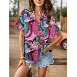 Western Button Down Shirts Women Vintage Cowgirl Hawaiian Tshirt Rodeo Tropical Tops Summer Vacation Short Sleeve Blouse Pink