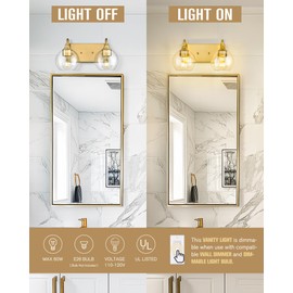 Emak Modern Brushed Gold Bathroom Light Fixtures, 2-Light Bathroom Vanity Light with Clear Glass Shade, Globe Vanity Lights for Bath, Mirror, Makeup Desk, VL118-BGD-CG-2