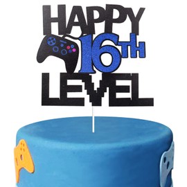 Decoración para tartas de videojuego para decoración de cumpleaños de nivel 16 feliz – Decoración para tartas de video juego de 16 cumpleaños con purpurina – Nivel de jugador 16 decoraciones para tartas de fiesta de cumpleaños desbloqueadas