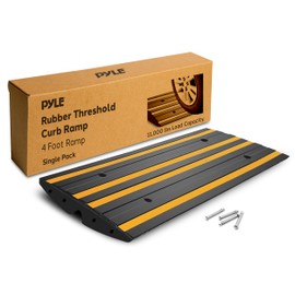 Pyle 4 ft. Rubber Curb Ramp, Non-Slip Threshold Single Ramp for Driveways & Sidewalks, Marine Grade Waterproof, Yellow Reflective Strips, Expansion Screws Included, 48.0’’x 16.0’’ x 2.6’’ Inch