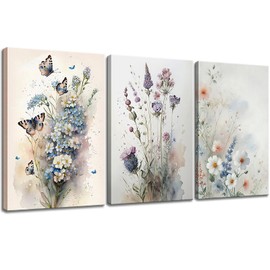 Floral Canvas Wall Art, Framed Wildflower Pictures Wall Decor,Purple Flower Prints, Colorful Botanical Artwork, Watercolor Painting 3 Panel for Living Room Bedroom Office Home 12"x16"x3pcs