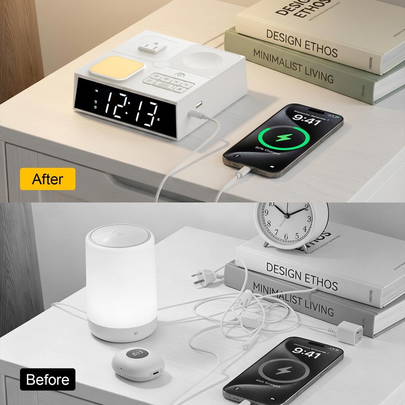 Kungfuking Alarm Clock Power Strip with White Noise, Dual Alarms,