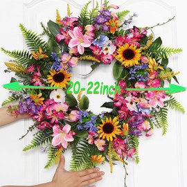 BINFEN 20-22 Inch Summer Spring Wreath Fake Silk Yellow Sunflowers Pink Lily Wild Flowers Floral Wreath with Green Fern Leaves for Front Door Window Wall Wedding Farmhouse Festival Décor