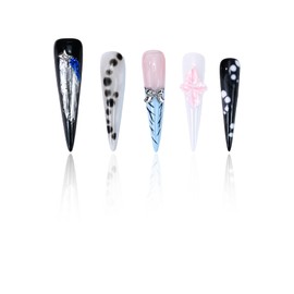 ArtiPrint press-on nails feature bold retro glamour style with white and black engraved designs Reusable stick-on nails for easy application and damage-free manicure for special occasions (JSA24, S)