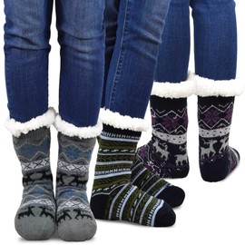 Thick Double Layer Thermal Winter Crew Socks for Women 9-11 3 Pairs Snowflake Deer GEO Cool Pattern Grey Black Purple