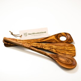 DAS OLIVENHOLZBRETT® Olive Wood Cooking Spoons, Set of 3 - Wooden Cooking Spoons, Handmade Natural Product, Wooden Cooking Spoon, Wooden Spoon with Hole & Spatula, Risotta Spoon