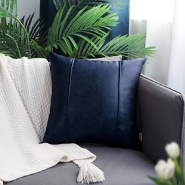 BRAWARM Navy Blue Leather Throw Pillow Covers 22 X 22 Inches - Faux Leather Pillow Cover with Piping, Hand Stitched Faux Leather Throw Pillow for Couch Sofa Bed Living Room Home Decorative
