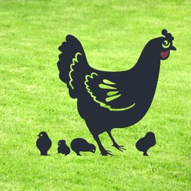 Chicken Garden Art Metal Stakes- Mother Hen with Chicks-Metal Animal Stakes Silhouette Yard Art Garden Sculpture Outdoor Decorations Set