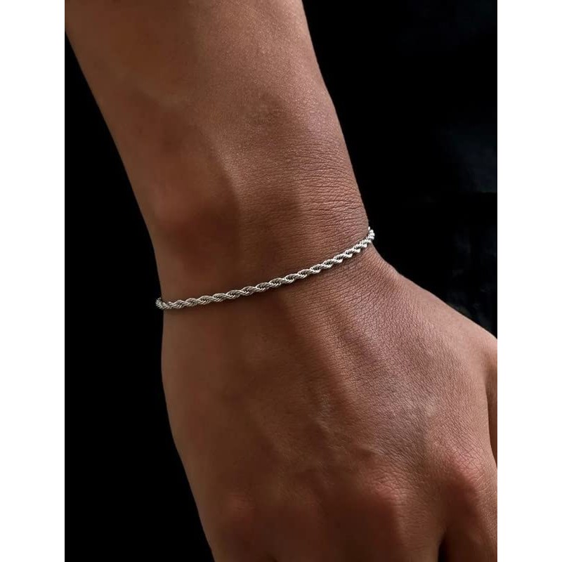 Waitsoul Silver Bracelet for Men 2mm Diamond-Cut Rope Chain Bracelet