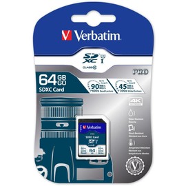 Verbatim Pro U3 SDXC Speicherkarte, 64 GB, SD Karte für 4K-Ultra-HD-Videoaufnahmen, UHS-Geschwindigkeitsklasse 3, Speicherkarte schwarz, SD Speicherkarte für ua. Kamera und PC