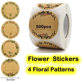 500pcs Label Stickers for Jars and Lids, Kraft Sticker with 4 Floral Patterns, Round Kraft Tags Sticker