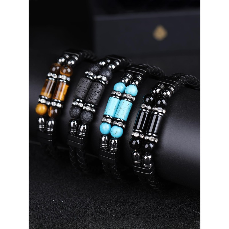 Mens Leather Turquoise Stone Bracelet–8.3" Braided Multi‑Layer Stainless Steel Clasp