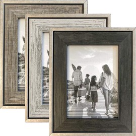 Tasse Verre 5x7 Rustic Picture Frames 3-Pack, Distressed Farmhouse-Style Table Frame, Brushed Industrial Silver Metal Look Frame with Wood Looking Insert, Ready-to-Hang Hooks.