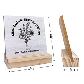 Keep Going Keep Growing Wooden Sign, Every Day is A Fresh Start, Gifts for Coworker Friends Women Men, Motivational Wooden Sign, 4 x4 Inches Wood Sign with Wood Stand, Home Office Desk Decor-DWS01