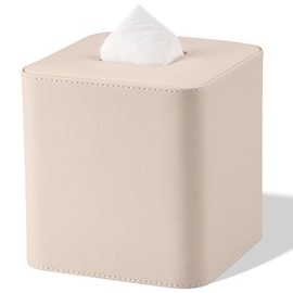 GORESE Tissue Box Cover, PU Leather Square Tissue Box Holder Cube Facial Tissue Dispenser Napkin Holder,Gift for Home, Office, Bathroom, Car Decoration(Beige)
