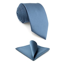[S&W SHLAX&WING] Men's Necktie Set Steel Blue Solid Color, 2.4 x 58.1 inches (6 x 147 cm) Necktie + Pocket Square