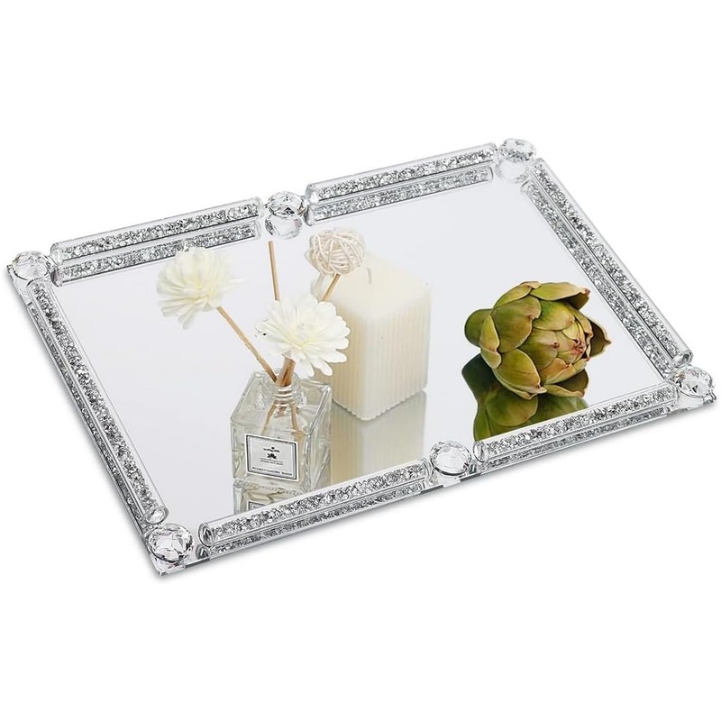 Large Crystal Perfume Tray, 15.7" x 11.8" Silver Glass Mirror