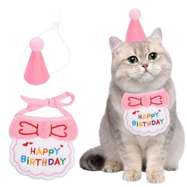 Wisebom 2 Pieces Dog Birthday Hat, Pet Cat Dog Happy Birthday Bib, Cat Birthday Decoration, Dog Birthday Set, Pet Costumes Headpiece Accessories (Pink)