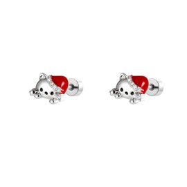 Christmas Cat Cartilage Tiny Small Stud Earrings for Women - Titanium Stainless Steel Cute Crystal CZ Kitten Animal Pet Red Santa Claus Tragus Screw Back Studs Earring Dainty Jewelry for Daughter 20G