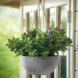 Root & Vessel Self Watering Hanging Planter for Indoor or Outdoor Plants, Unique Marbled Hanging Basket Made of Eco-Friendly Blend of Stone & Plastic, Gray, 12"