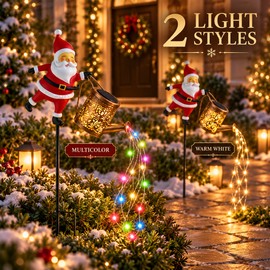 Solar Santa Watering Can Garden Stake Light with Cascading LEDs, 33-Inch Christmas Outdoor Yard Decor, Multicolor or Warm White