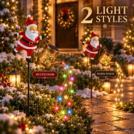 Solar Santa Watering Can Garden Stake Light with Cascading LEDs, 33-Inch Christmas Outdoor Yard Decor, Multicolor or Warm White