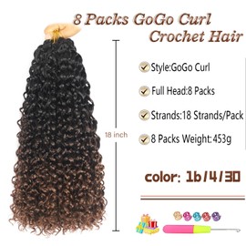 8 Packs 18 inch Curly Crochet Hair for Black Women Water Wave Crochet Hair Curly Braiding Hair GoGo Curl Crochet Hair Ocean Wave Beach Curl Wavy Crochet Hair Extensions (Pack of 8, 1B/4/30#)