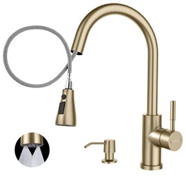 APPASO Gold Kitchen Faucet with Soap Dispenser, Brushed Gold 2 Hole Kitchen Faucet with Pull Down Sprayer 3 Modes, Champagne Gold kitchen Sink faucet, High Arch Faucet Kitchen without Deck Plate