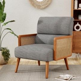 ALISH Accent Chairs,Upholstered Rattan Armchair Mid Century Modern Living Room Chair Reading Chairs with Rattan Armrest and Wooden Legs (Gray, Set of 1)