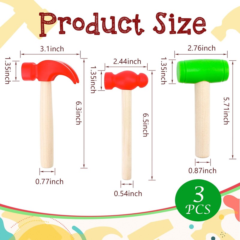 VICROIC 3 PCS Toy Hammers, Wooden Hammer Toys Mallets, Simulation