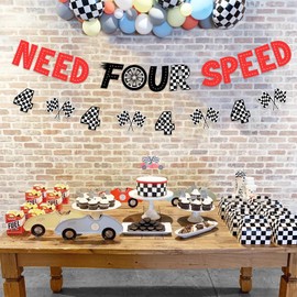 Sursurprise Need Four Speed Birthday Decorations, Need Four Speed Banner, Checkered Flag Banner, Race Car 4th Birthday Party Supplies for Boys