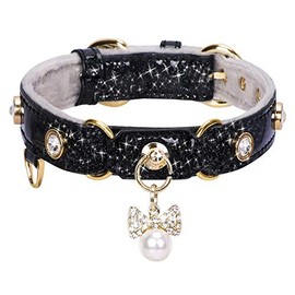 PetsHome Cat Collar, Dog Collar, [Bling Rhinestones] PU Leather Adjustable Pet Collar with Luxury Pendant for Cat and Small Dog Extra Small Black