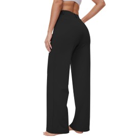 Wide Leg Yoga Dress Pants Women Stretchy Pleated Front High Rise Pants Woman Business Slacks Casual Lounge Work Office with Pockets 29" Black L
