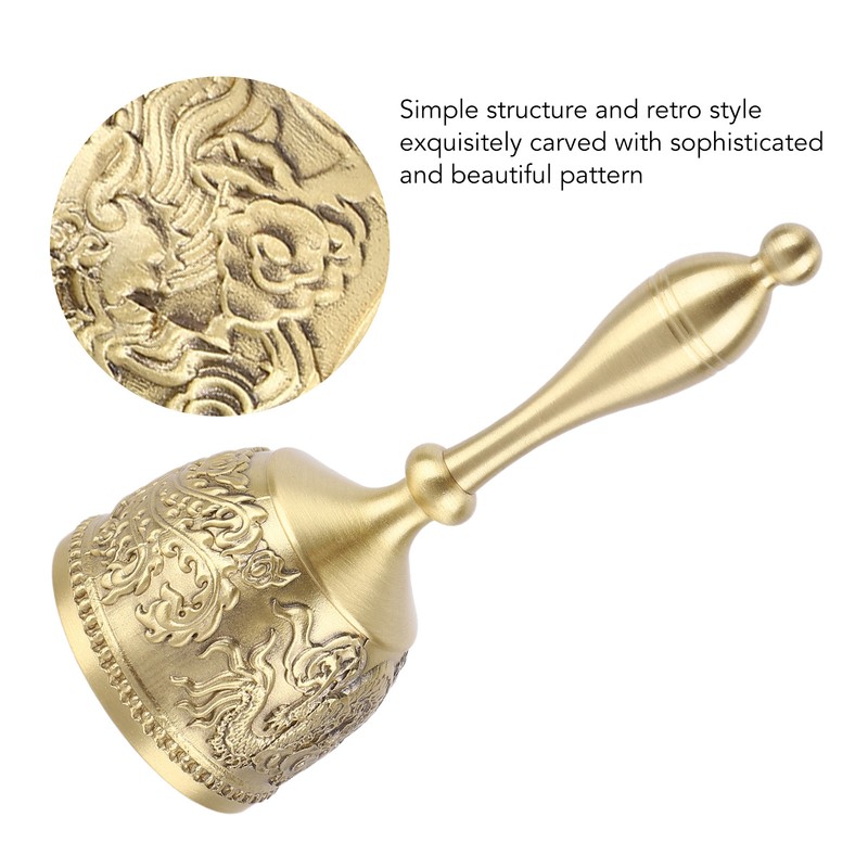 Hand Call Bell 4.7in Long Pure Brass Exquisite Carved Pattern