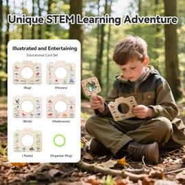 Magnifying Glass for Kids Wooden Montessori Educational Explore Toy Magnifying Glasses and Wood Bug Cards for Outdoor Adventure Birthday Gift for Boys Girls Ages 3+