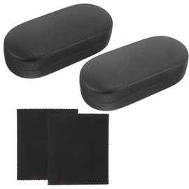 2 Pcs Hard Shell Eyeglass Cases with 2 Pcs Glasses Cleaning Cloths, Large PU Leather Eyeglass Boxes, Soft Flocking Lining, Classic Metal Frame Glasses Protect Shells for Women Men, One Size (Black)