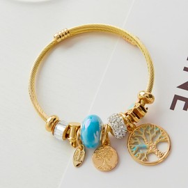 ATE JWB212-5 Charm Bracelet Gold-Plated Stainless Steel Open Bracelet with Beads and Charms Vivid Style, Stainless Steel