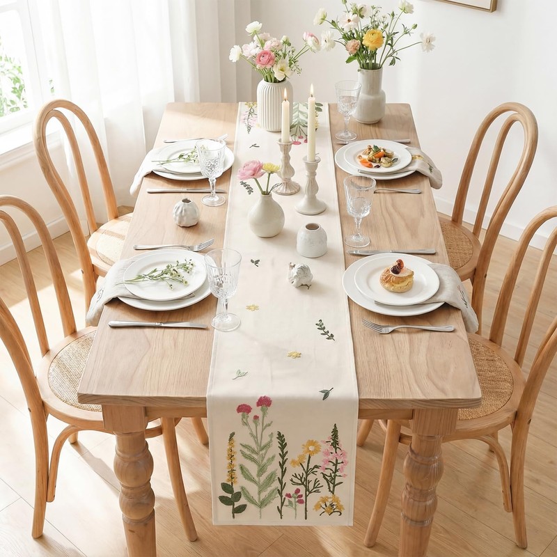 Beige Soft Chain Embroidery Wild Floral Spring Table Runner, Seasonal