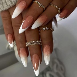 BABALAL Long Stiletto Press on Nails - Acrylic Fake Nails Art, White French Tip Glue on Glossy Almond False Nails Supplies 24Pcs Manicure Diy Stick on Artificial Nails