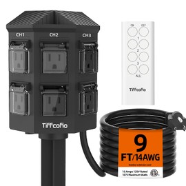 Outdoor Remote Control Power Strip, 9FT Extension Cord Waterproof, Independent Control Outlets, 6 Grounded Outlets for Outdoor Decorations, 14 AWG, 15A/1875W, ETL Listed (9 FT)