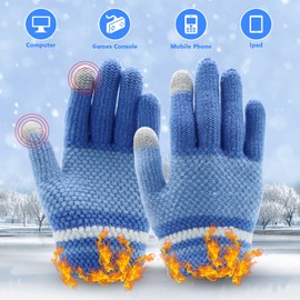 CHEERYMAGIC Kids Gloves, Knit Gloves for Winter, Stretchy Kids Mittens, Full Finger Gloves for Kids, Fluffy Warm Kids Knit Gloves for Boys and Girls A9ZZCPST (Blue)